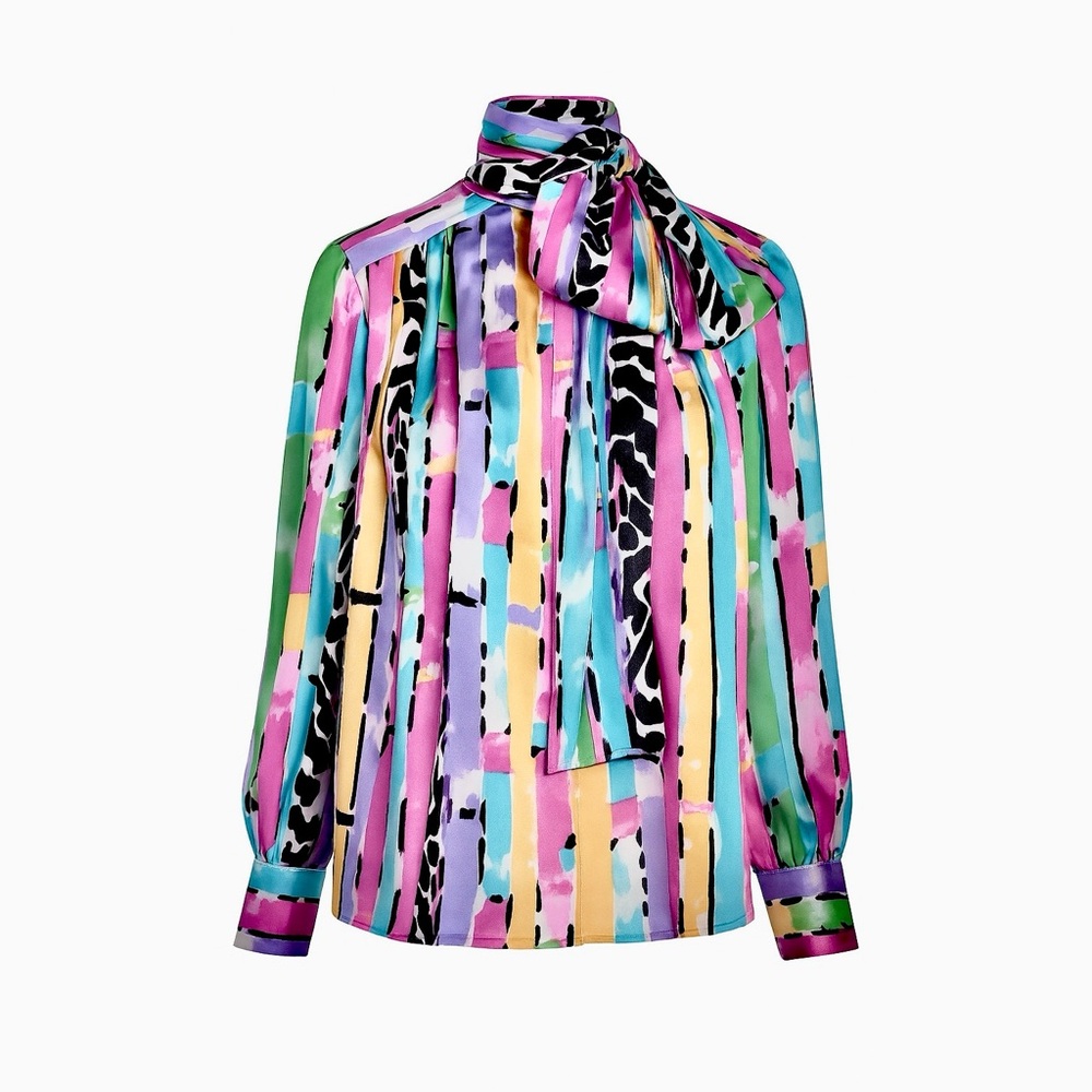 Anastasia | VTG Abstract Metallic Stripe Retro Glam Charmeuse Satin Blouse